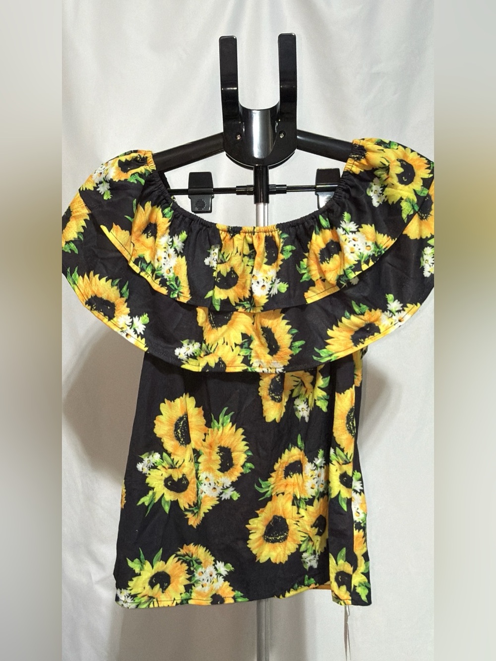 Women’s Sunflower Print Off Shoulder Ruffle Blouse Top Black Floral S